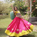 Stunning Rani Pink and Yellow Roman Silk Navratri Lehenga Choli with Kutchi Gamthi Embroidery Work
