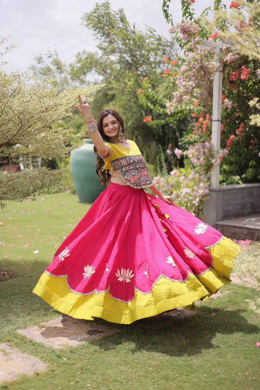 Stunning Rani Pink and Yellow Roman Silk Navratri Lehenga Choli with Kutchi Gamthi Embroidery Work