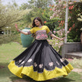 Traditional Black and Yellow Roman Silk Navratri Lehenga Choli with Kutchi Gamthi Embroidery Work