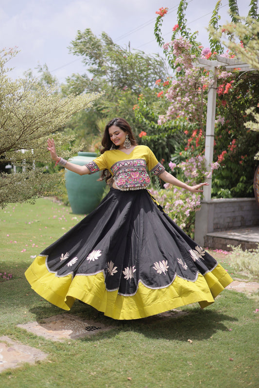 Traditional Black and Yellow Roman Silk Navratri Lehenga Choli with Kutchi Gamthi Embroidery Work
