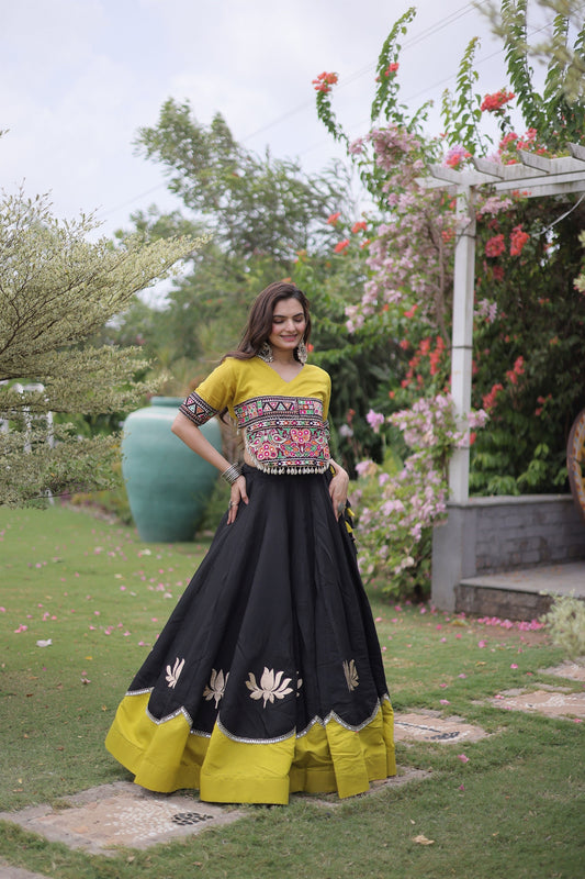 Traditional Black and Yellow Roman Silk Navratri Lehenga Choli with Kutchi Gamthi Embroidery Work