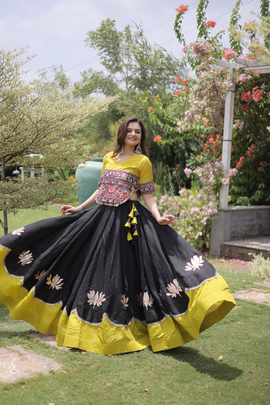 Traditional Black and Yellow Roman Silk Navratri Lehenga Choli with Kutchi Gamthi Embroidery Work