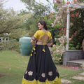 Traditional Black and Yellow Roman Silk Navratri Lehenga Choli with Kutchi Gamthi Embroidery Work