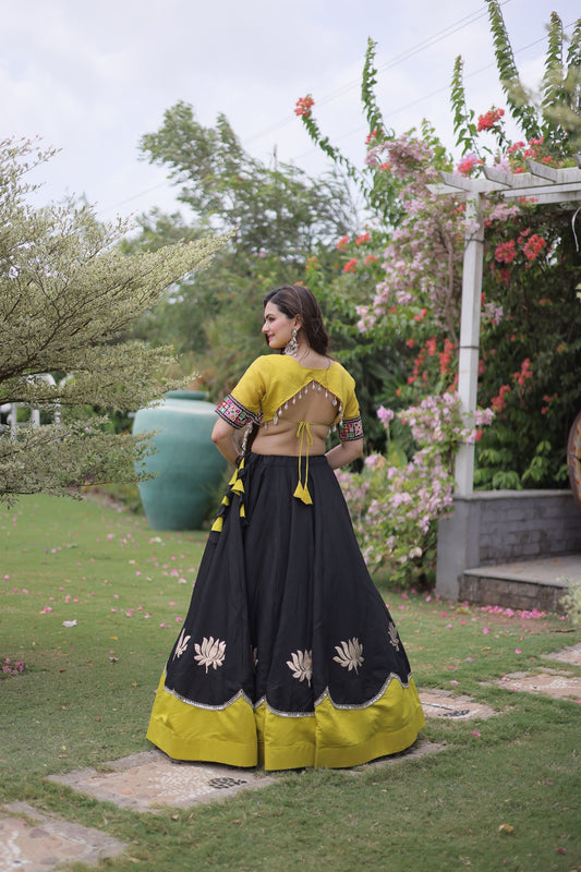 Traditional Black and Yellow Roman Silk Navratri Lehenga Choli with Kutchi Gamthi Embroidery Work