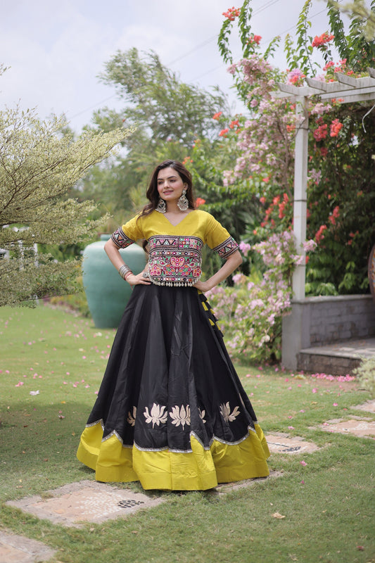Traditional Black and Yellow Roman Silk Navratri Lehenga Choli with Kutchi Gamthi Embroidery Work