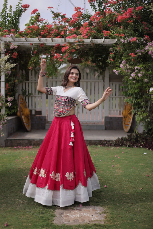 Awesome White and Rani Pink Roman Silk Navratri Lehenga Choli with Kutchi Gamthi Embroidery Work