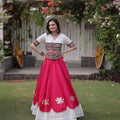 Awesome White and Rani Pink Roman Silk Navratri Lehenga Choli with Kutchi Gamthi Embroidery Work