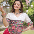 Awesome White and Rani Pink Roman Silk Navratri Lehenga Choli with Kutchi Gamthi Embroidery Work