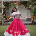 Awesome White and Rani Pink Roman Silk Navratri Lehenga Choli with Kutchi Gamthi Embroidery Work