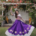 Beautiful White and Purple Roman Silk Navratri Lehenga Choli with Kutchi Gamthi Embroidery Work
