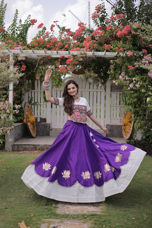 Beautiful White and Purple Roman Silk Navratri Lehenga Choli with Kutchi Gamthi Embroidery Work