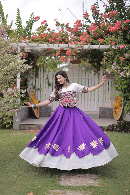 Beautiful White and Purple Roman Silk Navratri Lehenga Choli with Kutchi Gamthi Embroidery Work