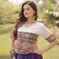 Beautiful White and Purple Roman Silk Navratri Lehenga Choli with Kutchi Gamthi Embroidery Work