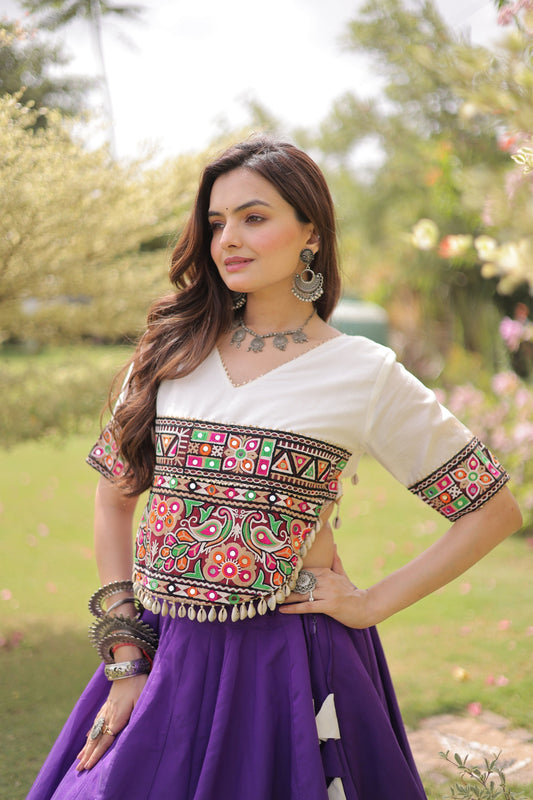 Beautiful White and Purple Roman Silk Navratri Lehenga Choli with Kutchi Gamthi Embroidery Work