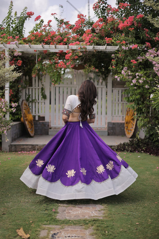 Beautiful White and Purple Roman Silk Navratri Lehenga Choli with Kutchi Gamthi Embroidery Work