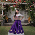 Beautiful White and Purple Roman Silk Navratri Lehenga Choli with Kutchi Gamthi Embroidery Work