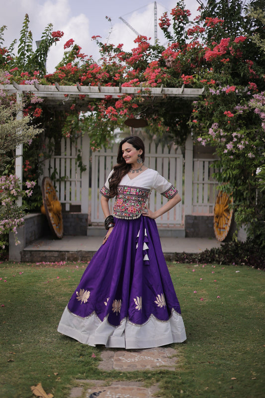 Beautiful White and Purple Roman Silk Navratri Lehenga Choli with Kutchi Gamthi Embroidery Work