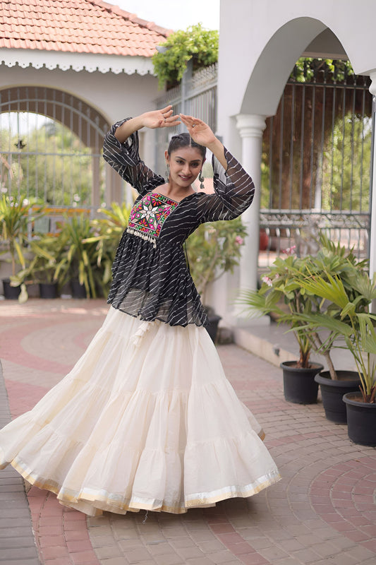 Elegant Black Cotton Navratri Lehenga Choli with Kutchi Gamthi Patch Work for Women