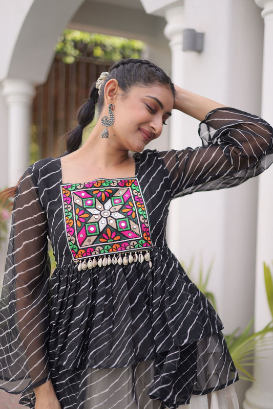 Elegant Black Cotton Navratri Lehenga Choli with Kutchi Gamthi Patch Work for Women