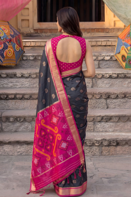 Elegant Black Soft Silk Woven Jari Jacquard Designer Saree for Women