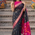 Elegant Black Soft Silk Woven Jari Jacquard Designer Saree for Women