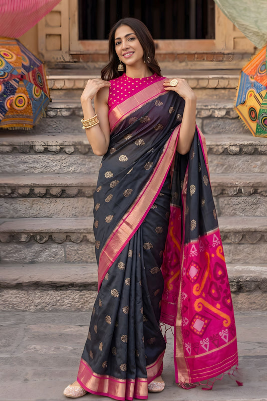 Elegant Black Soft Silk Woven Jari Jacquard Designer Saree for Women