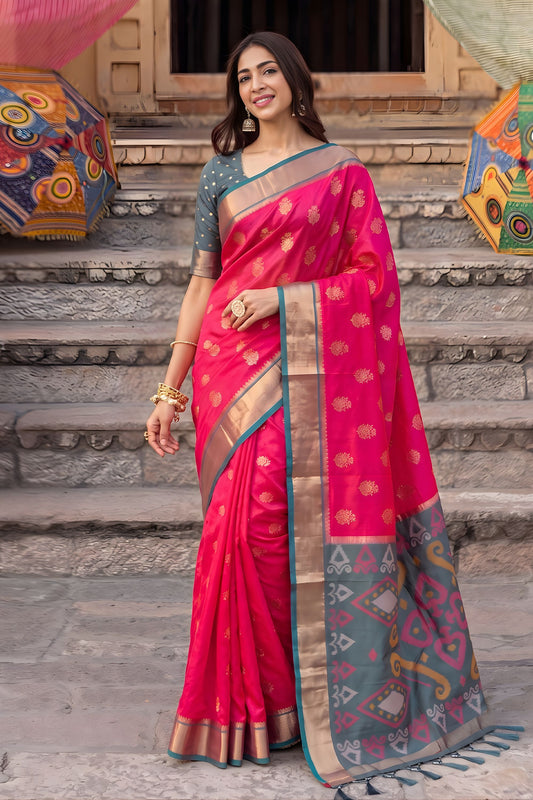 Beautiful Rani Pink Soft Silk Woven Jari Jacquard Designer Saree for Women