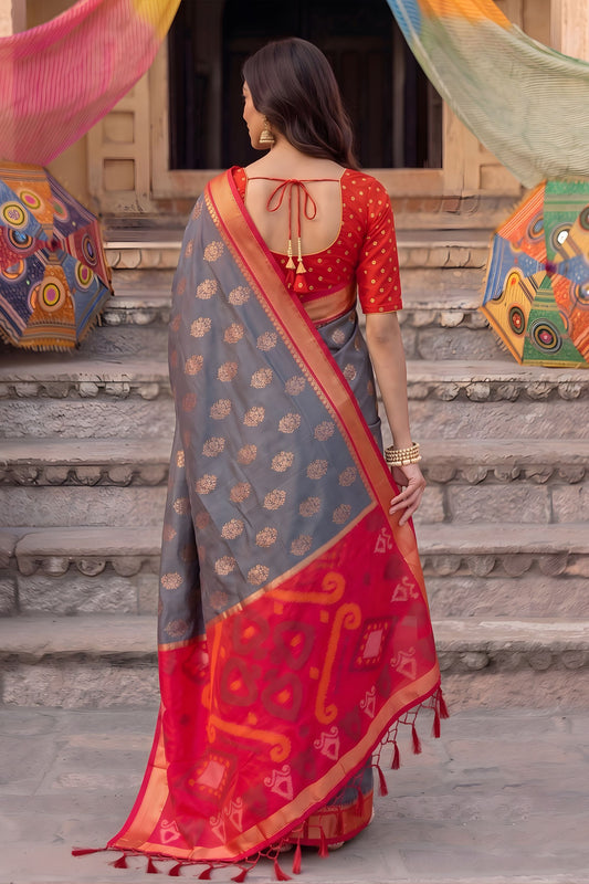 Elegant Grey Soft Silk Woven Jari Jacquard Designer Saree for Women