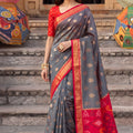 Elegant Grey Soft Silk Woven Jari Jacquard Designer Saree for Women