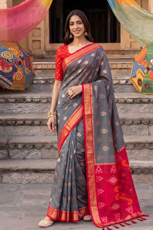 Elegant Grey Soft Silk Woven Jari Jacquard Designer Saree for Women