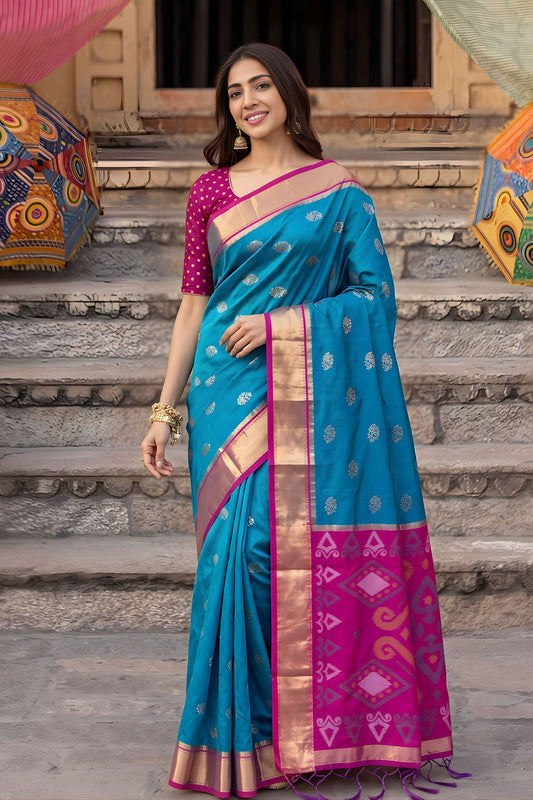 Royal Turquoise Blue Soft Silk Woven Jari Jacquard Designer Saree for Women