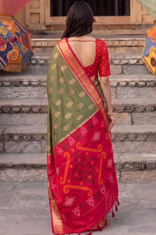 Premium Olive Green Soft Silk Woven Jari Jacquard Designer Saree for Women