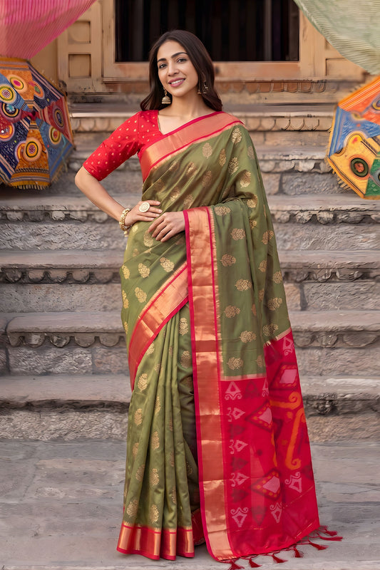 Premium Olive Green Soft Silk Woven Jari Jacquard Designer Saree for Women