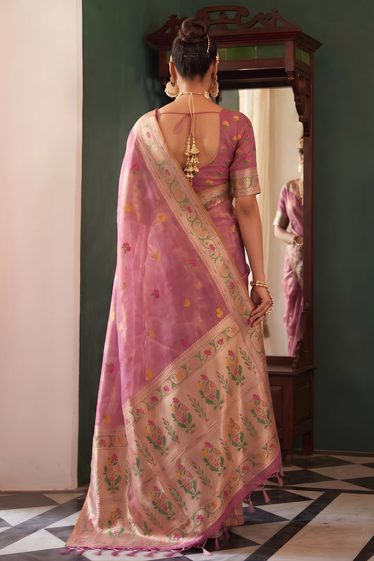 Beautiful Pink Tissue Silk Woven Jacquard Designer Saree for Women