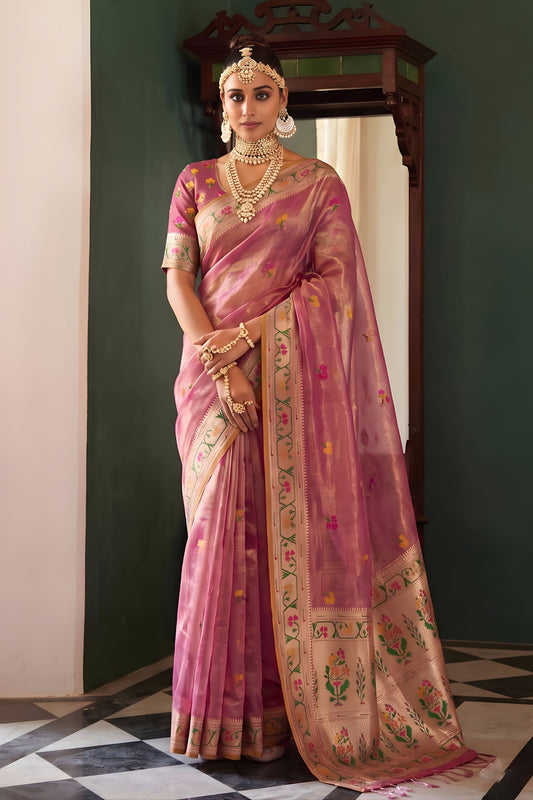 Beautiful Pink Tissue Silk Woven Jacquard Designer Saree for Women