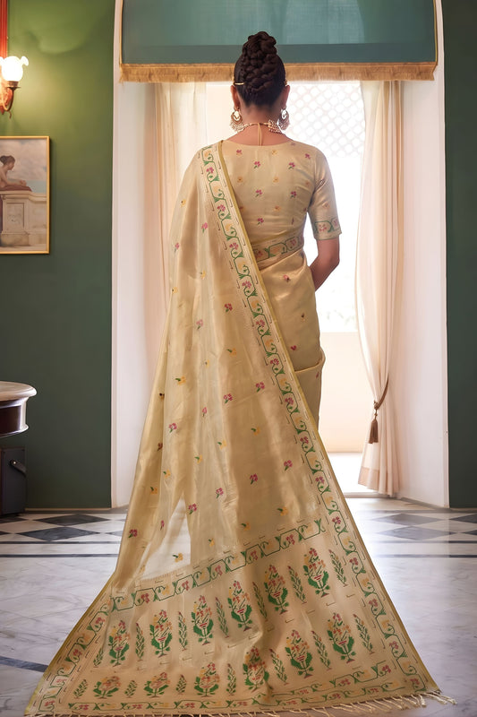 Elegant Cream Tissue Silk Woven Jacquard Designer Saree for Women