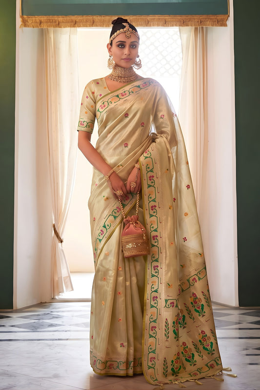 Elegant Cream Tissue Silk Woven Jacquard Designer Saree for Women