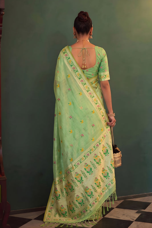 Stunning Mint Green Tissue Silk Woven Jacquard Designer Saree for Women