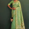 Stunning Mint Green Tissue Silk Woven Jacquard Designer Saree for Women