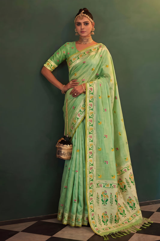 Stunning Mint Green Tissue Silk Woven Jacquard Designer Saree for Women