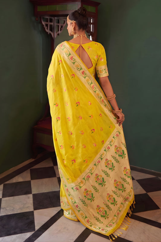 Graceful Yellow Tissue Silk Woven Jacquard Designer Saree for Women