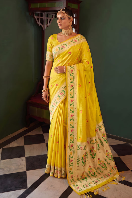 Graceful Yellow Tissue Silk Woven Jacquard Designer Saree for Women