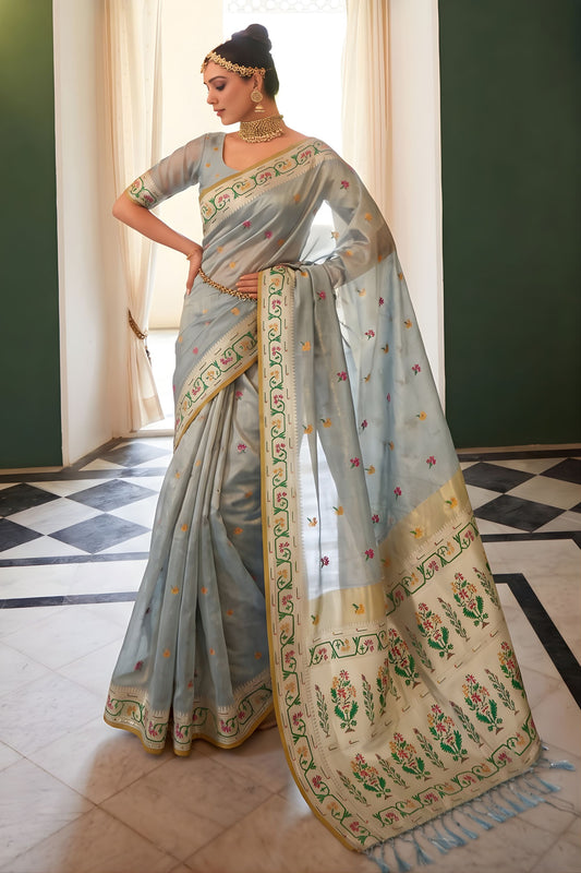 Royal Sky Blue Tissue Silk Woven Jacquard Designer Saree for Women