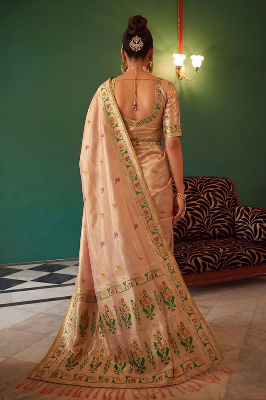 Premium Beige Tissue Silk Woven Jacquard Designer Saree for Women