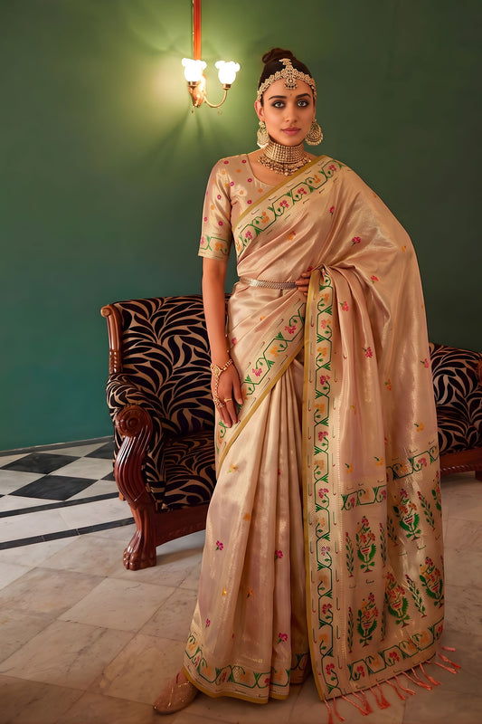 Premium Beige Tissue Silk Woven Jacquard Designer Saree for Women