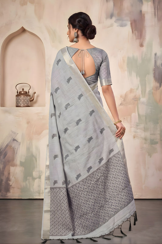 Elegant Light Grey Linen Woven Resham Designer Saree for Women