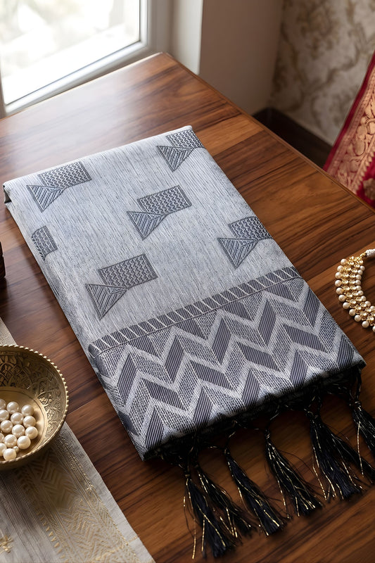 Elegant Light Grey Linen Woven Resham Designer Saree for Women