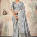 Elegant Light Grey Linen Woven Resham Designer Saree for Women