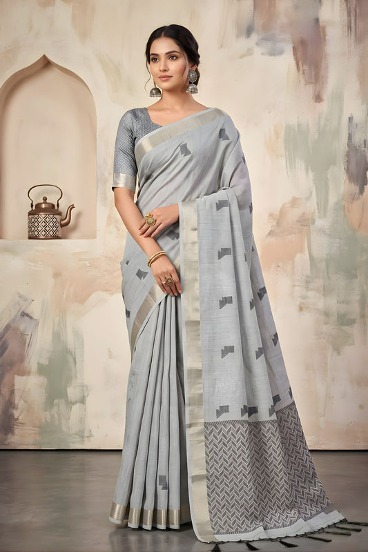 Elegant Light Grey Linen Woven Resham Designer Saree for Women