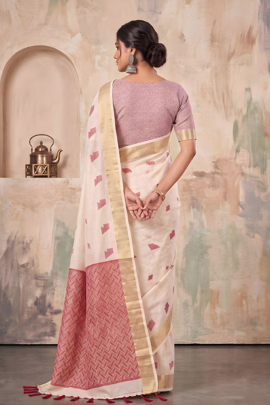 Amazing Off White Linen Woven Resham Designer Saree for Women